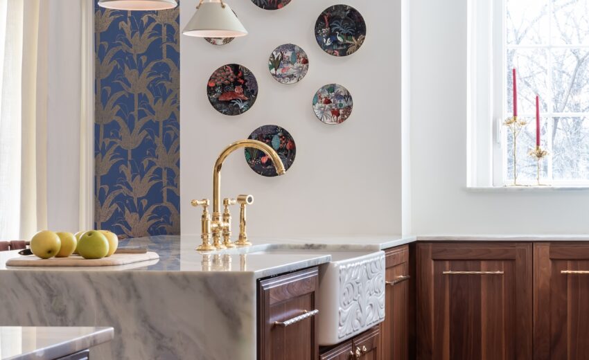 Waterfall Countertop with Walnut Cabinetry