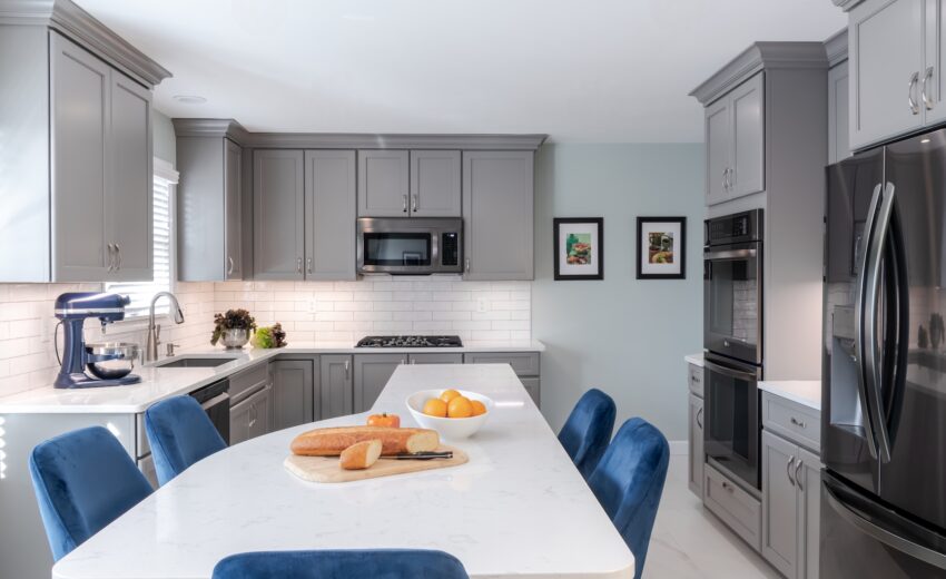 Gray Cabinetry with Unique Kitchen Island