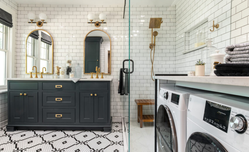 Master bathroom with walk-in shower and laundry machines