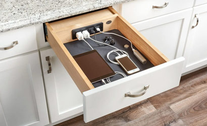 Kitchen drawer with phone charging station inside