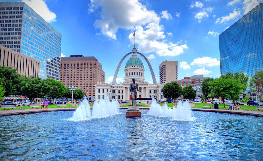 Old St Louis Courthouse framed by Gateway Arch